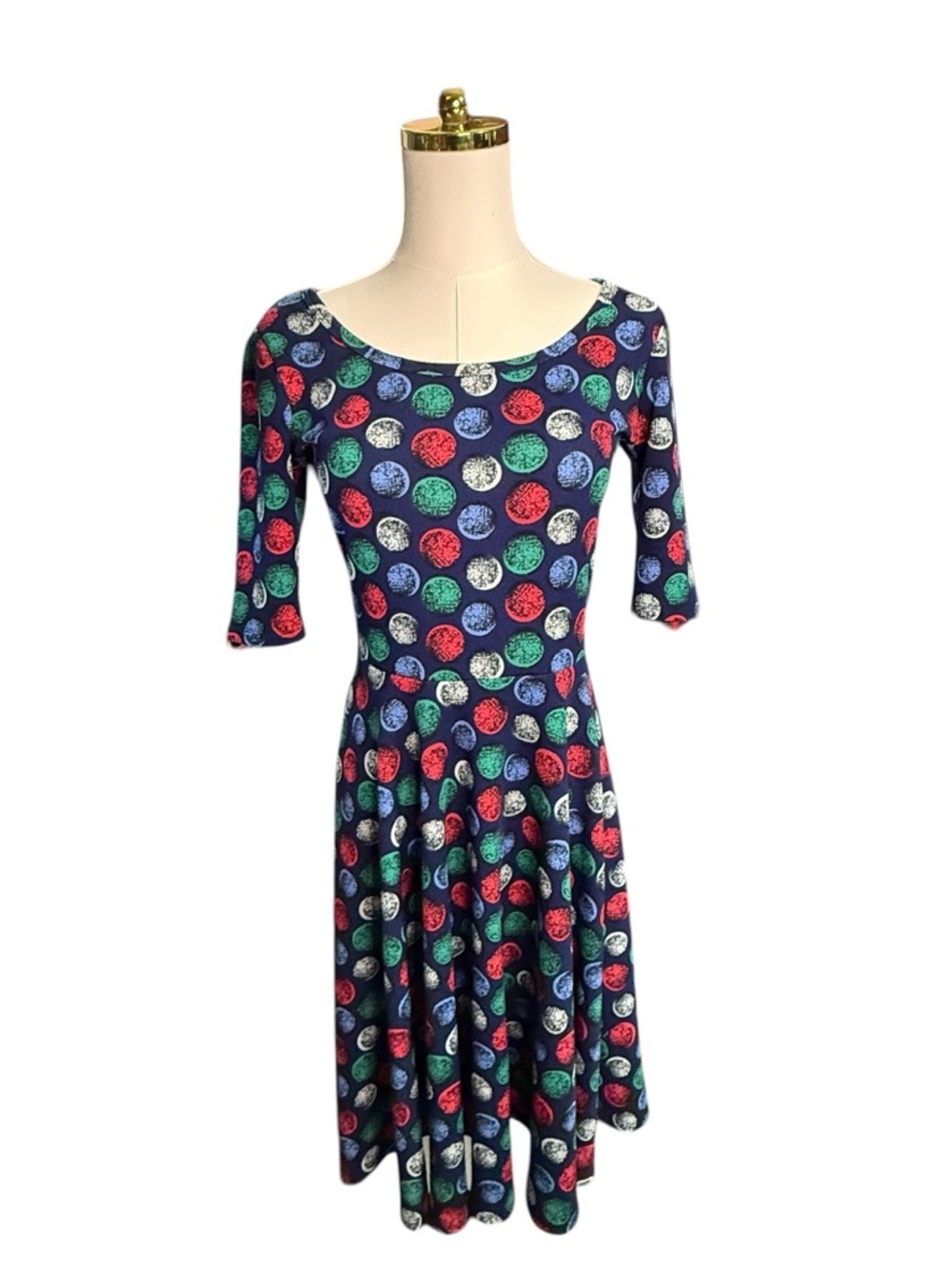 LuLaRoe Nicole Fit & Flare Navy Dress with Red White Green Polka Dots Size S